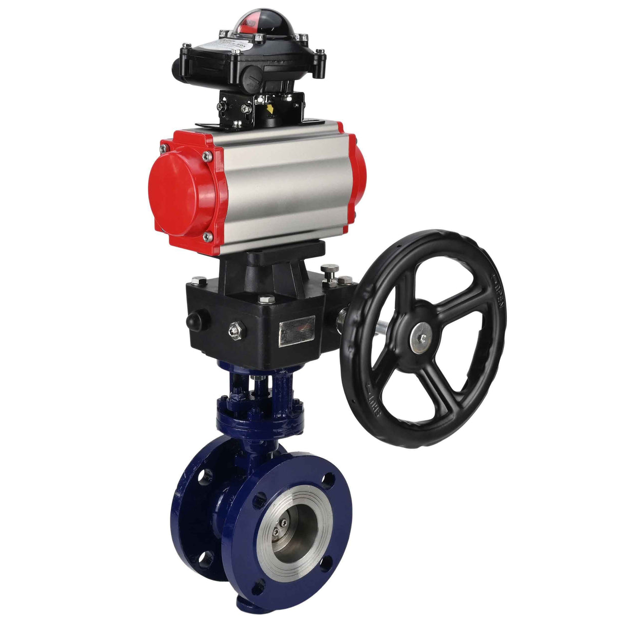 Wasser-Schmetterlingsventil Elephant WBV3EX-3432M-1W-F-ISO, Gehäusematerial - Kohlenstoffstahl, Scheibenmaterial - Edelstahl AISI 316, Dichtung - Metall, pneumatischer Antrieb PA-DA Doppelwirkung, LSU APL-210N, Handrad MON