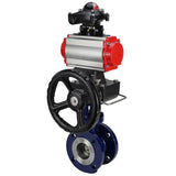 Wasser-Schmetterlingsventil Elephant WBV3EX-3432M-1W-F-ISO, Gehäusematerial - Kohlenstoffstahl, Scheibenmaterial - Edelstahl AISI 316, Dichtung - Metall, pneumatischer Antrieb PA-DA Doppelwirkung, LSU APL-210N, Handrad MON