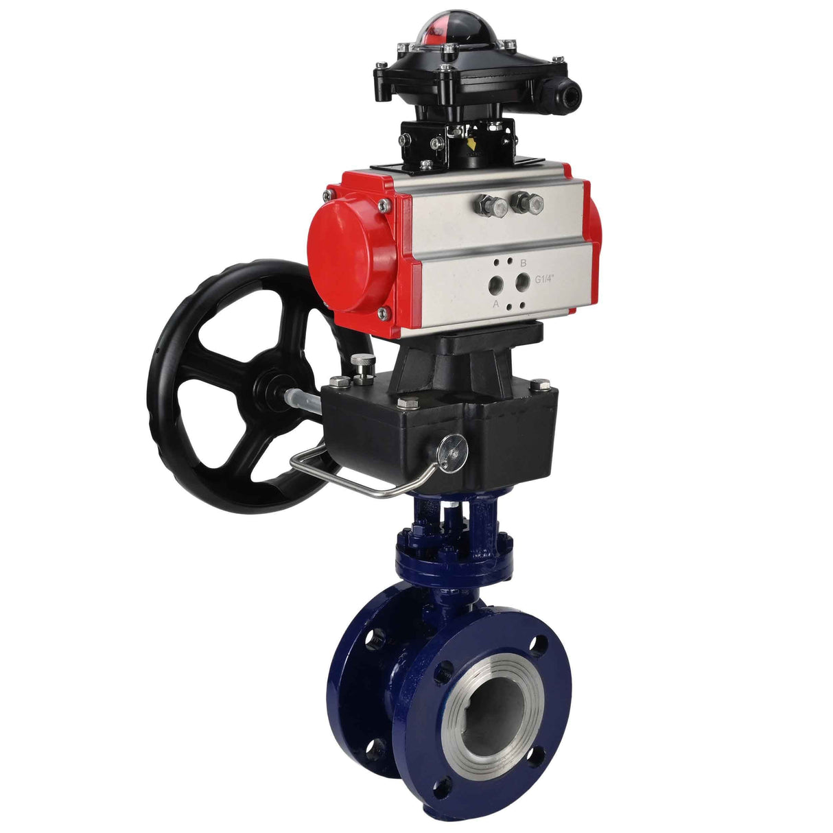 Wasser-Schmetterlingsventil Elephant WBV3EX-3432M-1W-F-ISO, Gehäusematerial - Kohlenstoffstahl, Scheibenmaterial - Edelstahl AISI 316, Dichtung - Metall, pneumatischer Antrieb PA-DA Doppelwirkung, LSU APL-210N, Handrad MON