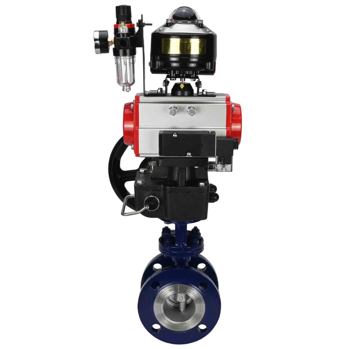 Wasser-Schmetterlingsventil Elephant WBV3EX-3431M-1W-F-ISO, Gehäusematerial - Kohlenstoffstahl, Scheibenmaterial - Edelstahl AISI 304, Dichtung - Metall, pneumatischer Antrieb PA-DA Doppelwirkung, 4M310-08 24V, LSU APL-510N EX, Handrad MON, ATU AFC2000