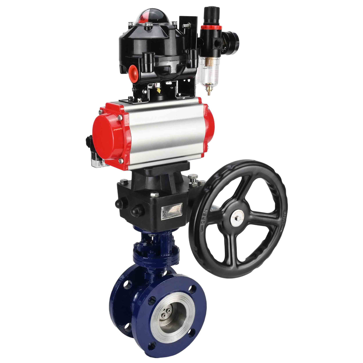 Wasser-Schmetterlingsventil Elephant WBV3EX-3431M-1W-F-ISO, Gehäusematerial - Kohlenstoffstahl, Scheibenmaterial - Edelstahl AISI 304, Dichtung - Metall, pneumatischer Antrieb PA-DA Doppelwirkung, 4M310-08 24V, LSU APL-510N EX, Handrad MON, ATU AFC2000
