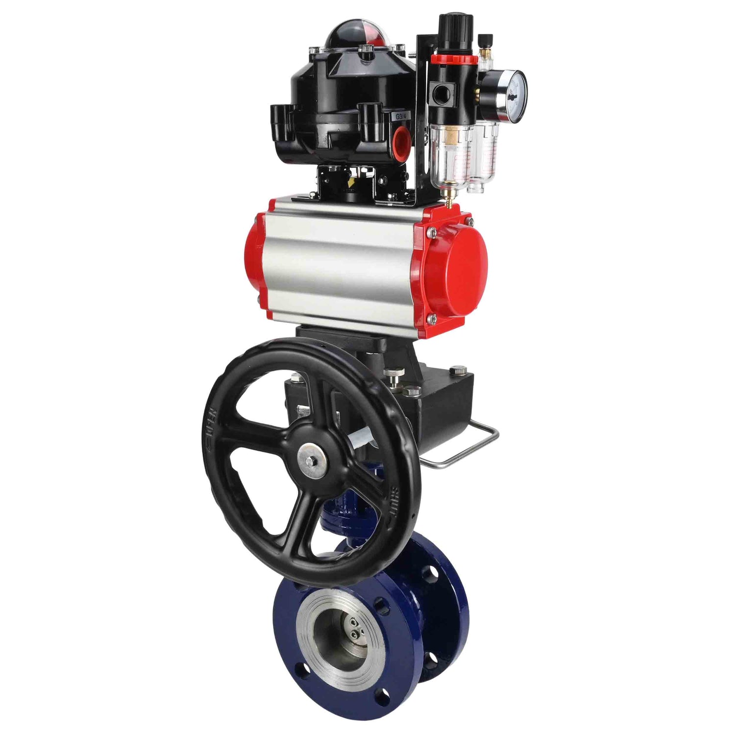 Wasser-Schmetterlingsventil Elephant WBV3EX-3432M-1W-F-ISO, Gehäusematerial - Kohlenstoffstahl, Scheibenmaterial - Edelstahl AISI 316, Dichtung - Metall, pneumatischer Antrieb PA-DA Doppelwirkung, 4M310-08 24V, LSU APL-510N EX, Handrad MON, ATU AFC2000