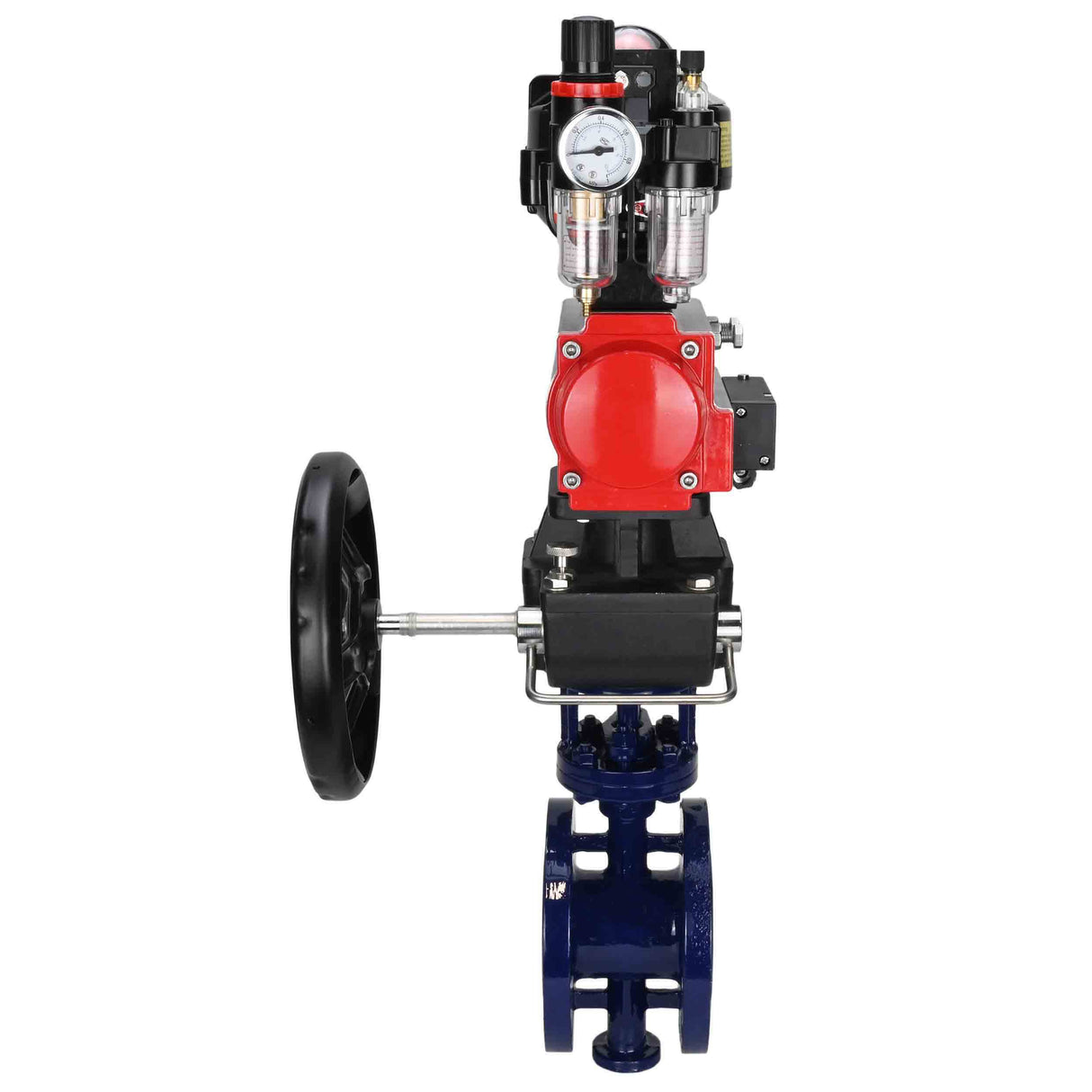 Wasser-Schmetterlingsventil Elephant WBV3EX-3431M-1W-F-ISO, Gehäusematerial - Kohlenstoffstahl, Scheibenmaterial - Edelstahl AISI 304, Dichtung - Metall, pneumatischer Antrieb PA-DA Doppelwirkung, 4M310-08 24V, LSU APL-510N EX, Handrad MON, ATU AFC2000