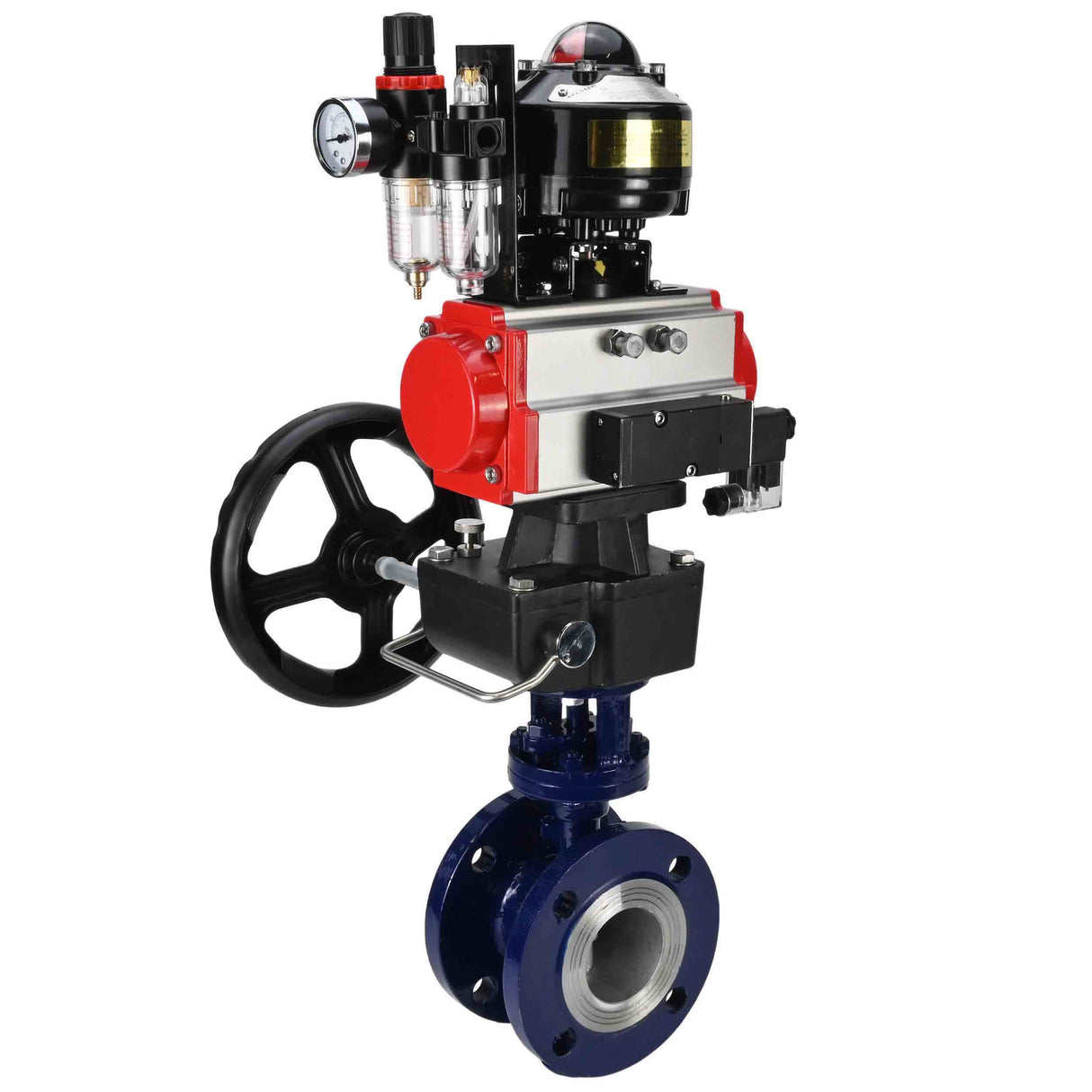 Wasser-Schmetterlingsventil Elephant WBV3EX-3431M-1W-F-ISO, Gehäusematerial - Kohlenstoffstahl, Scheibenmaterial - Edelstahl AISI 304, Dichtung - Metall, pneumatischer Antrieb PA-DA Doppelwirkung, 4M310-08 24V, LSU APL-510N EX, Handrad MON, ATU AFC2000