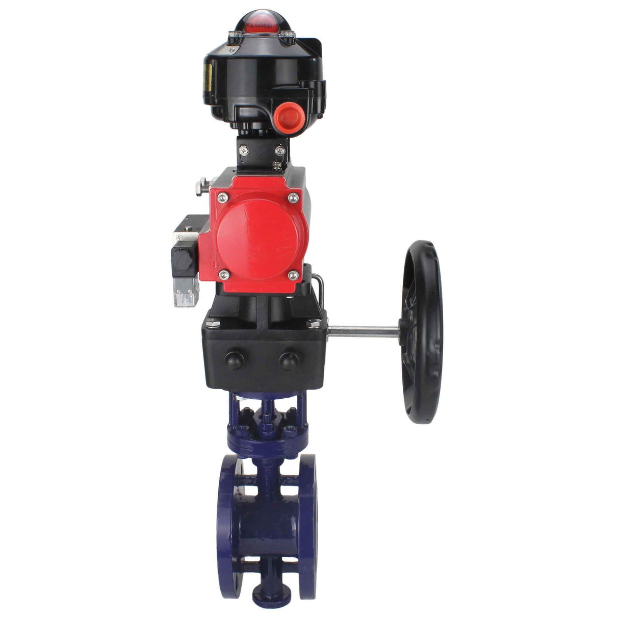 Wasser-Schmetterlingsventil Elephant WBV3EX-3432M-1W-F-ISO, Gehäusematerial - Kohlenstoffstahl, Scheibenmaterial - Edelstahl AISI 316, Dichtung - Metall, pneumatischer Antrieb PA-DA Doppelwirkung, 4M310-08 220V, LSU APL-510N EX, Handrad MON
