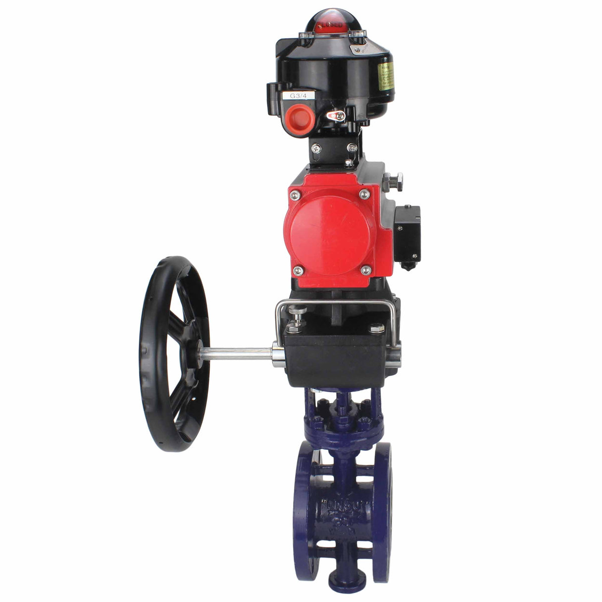 Wasser-Schmetterlingsventil Elephant WBV3EX-3432M-1W-F-ISO, Gehäusematerial - Kohlenstoffstahl, Scheibenmaterial - Edelstahl AISI 316, Dichtung - Metall, pneumatischer Antrieb PA-DA Doppelwirkung, 4M310-08 220V, LSU APL-510N EX, Handrad MON