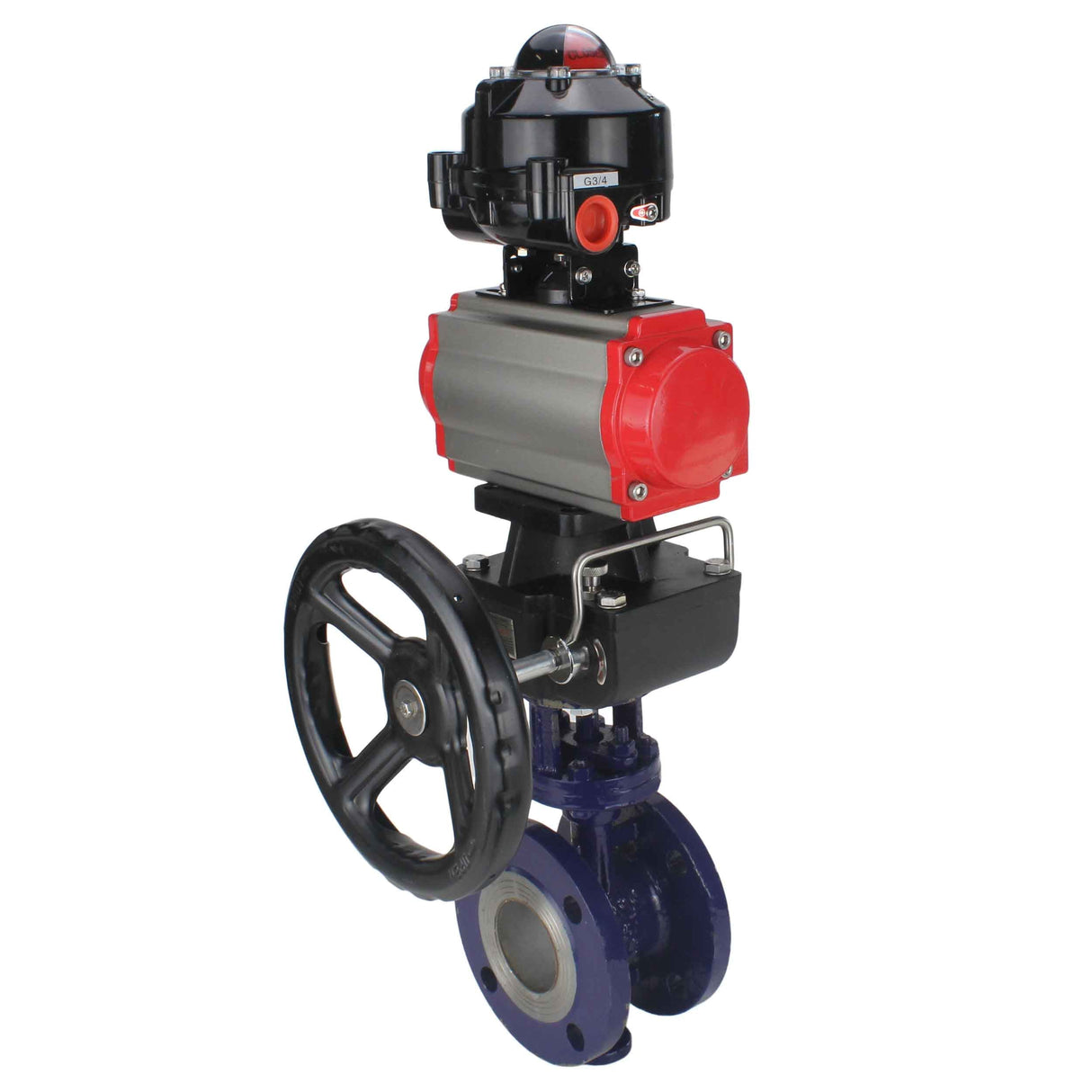 Wasser-Schmetterlingsventil Elephant WBV3EX-3432M-1W-F-ISO, Gehäusematerial - Kohlenstoffstahl, Scheibenmaterial - Edelstahl AISI 316, Dichtung - Metall, pneumatischer Antrieb PA-DA Doppelwirkung, 4M310-08 220V, LSU APL-510N EX, Handrad MON