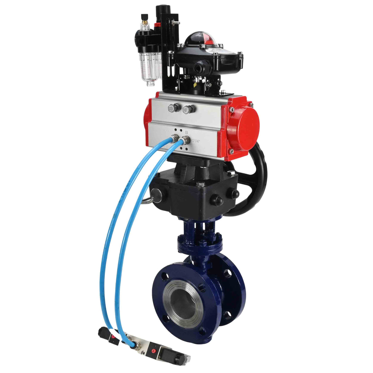 Wasser-Schmetterlingsventil Elephant WBV3EX-3432M-1W-F-ISO, Gehäusematerial - Kohlenstoffstahl, Scheibenmaterial - Edelstahl AISI 316, Dichtung - Metall, pneumatischer Antrieb PA-DA Doppelwirkung, 4V320-08 220V, LSU APL-210N, Handrad MON, ATU AFC2000