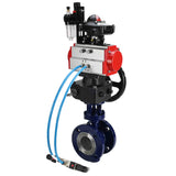 Wasser-Schmetterlingsventil Elephant WBV3EX-3432M-1W-F-ISO, Gehäusematerial - Kohlenstoffstahl, Scheibenmaterial - Edelstahl AISI 316, Dichtung - Metall, pneumatischer Antrieb PA-DA Doppelwirkung, 4V320-10 220V, LSU APL-210N, Handrad MON, ATU AFC2000