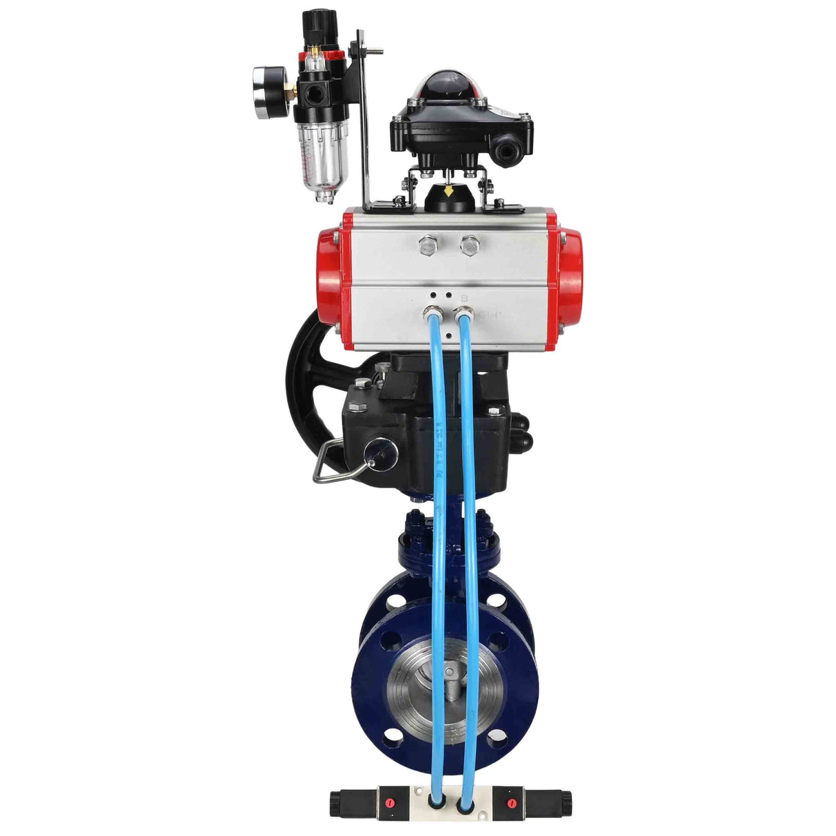 Wasser-Schmetterlingsventil Elephant WBV3EX-3432M-1W-F-ISO, Gehäusematerial - Kohlenstoffstahl, Scheibenmaterial - Edelstahl AISI 316, Dichtung - Metall, pneumatischer Antrieb PA-DA Doppelwirkung, 4V320-08 220V, LSU APL-210N, Handrad MON, ATU AFC2000