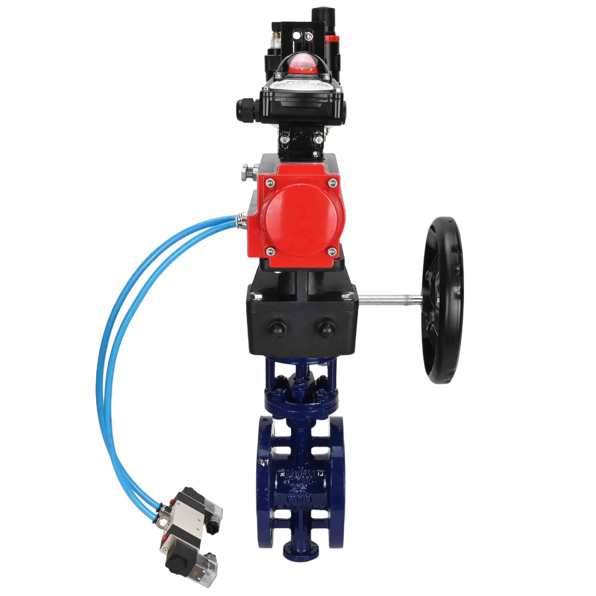 Wasser-Schmetterlingsventil Elephant WBV3EX-3432M-1W-F-ISO, Gehäusematerial - Kohlenstoffstahl, Scheibenmaterial - Edelstahl AISI 316, Dichtung - Metall, pneumatischer Antrieb PA-DA Doppelwirkung, 4V320-08 220V, LSU APL-210N, Handrad MON, ATU AFC2000