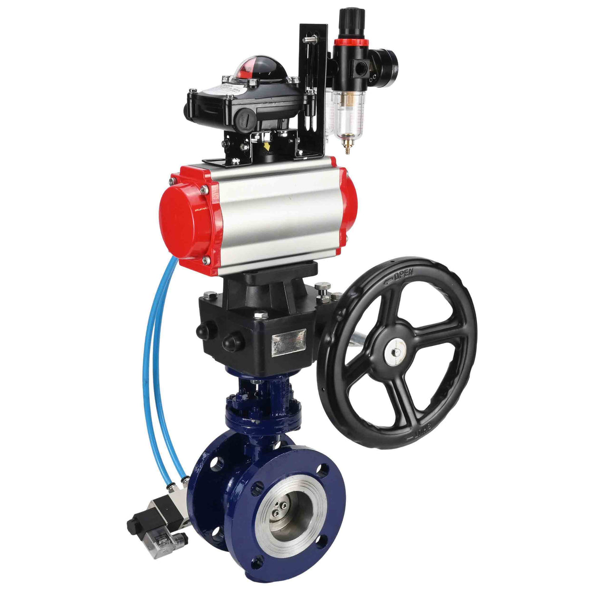 Wasser-Schmetterlingsventil Elephant WBV3EX-3432M-1W-F-ISO, Gehäusematerial - Kohlenstoffstahl, Scheibenmaterial - Edelstahl AISI 316, Dichtung - Metall, pneumatischer Antrieb PA-DA Doppelwirkung, 4V320-10 220V, LSU APL-210N, Handrad MON, ATU AFC2000