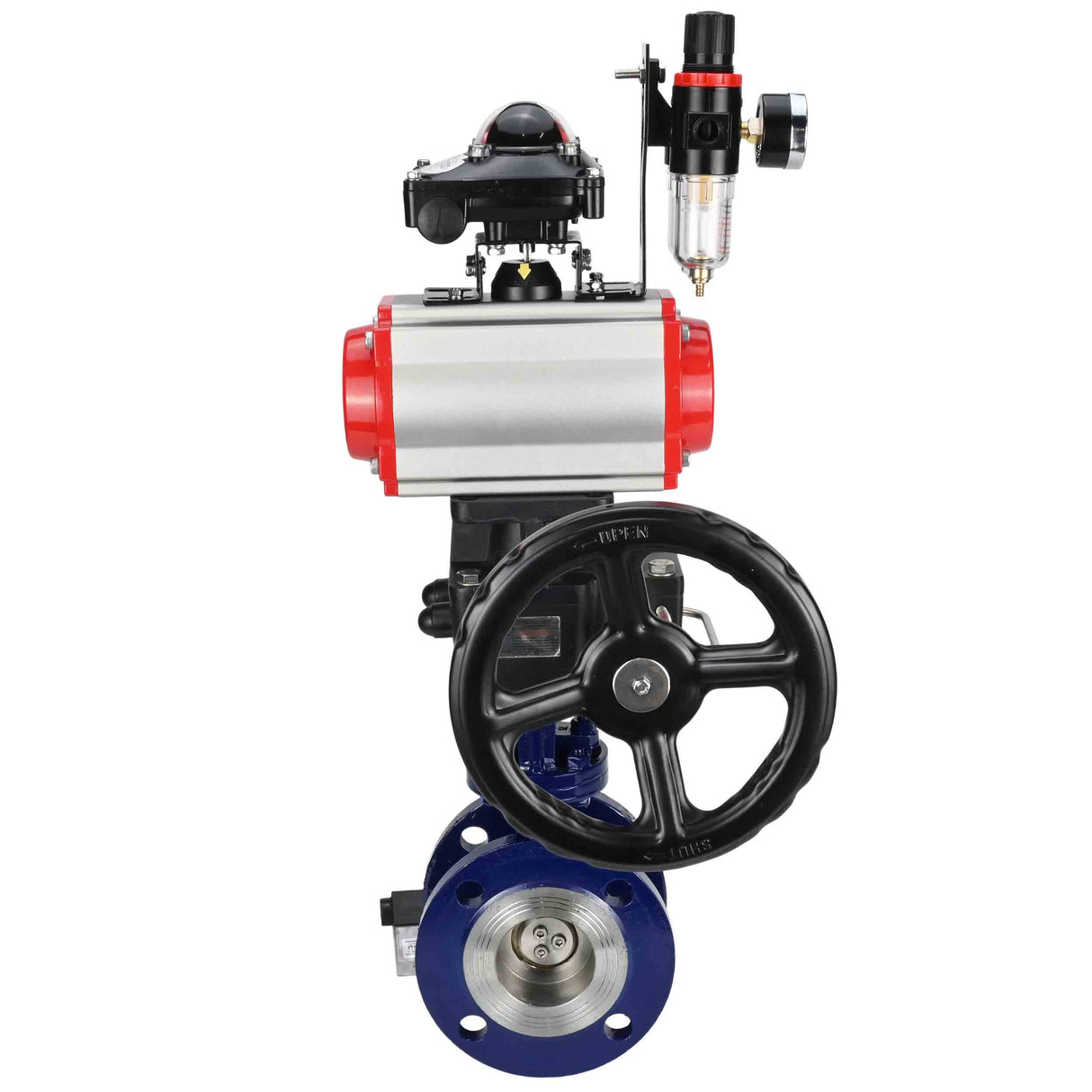 Wasser-Schmetterlingsventil Elephant WBV3EX-3432M-1W-F-ISO, Gehäusematerial - Kohlenstoffstahl, Scheibenmaterial - Edelstahl AISI 316, Dichtung - Metall, pneumatischer Antrieb PA-DA Doppelwirkung, 4V320-10 220V, LSU APL-210N, Handrad MON, ATU AFC2000