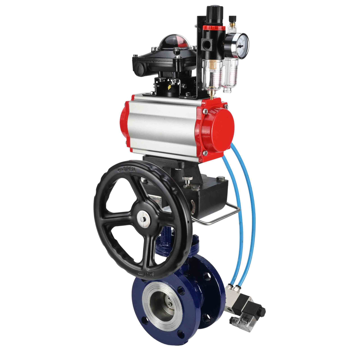 Wasser-Schmetterlingsventil Elephant WBV3EX-3432M-1W-F-ISO, Gehäusematerial - Kohlenstoffstahl, Scheibenmaterial - Edelstahl AISI 316, Dichtung - Metall, pneumatischer Antrieb PA-DA Doppelwirkung, 4V320-08 220V, LSU APL-210N, Handrad MON, ATU AFC2000