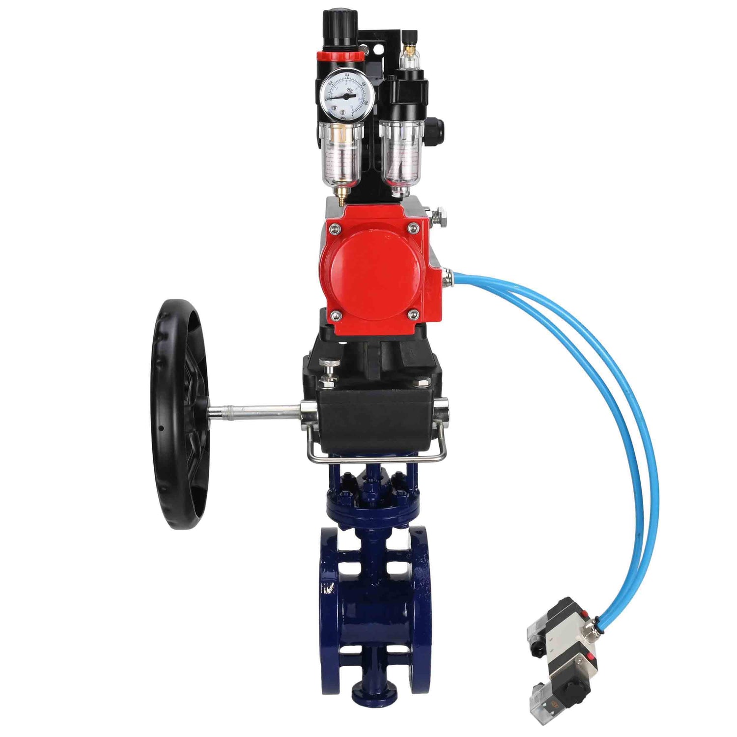 Wasser-Schmetterlingsventil Elephant WBV3EX-3432M-1W-F-ISO, Gehäusematerial - Kohlenstoffstahl, Scheibenmaterial - Edelstahl AISI 316, Dichtung - Metall, pneumatischer Antrieb PA-DA Doppelwirkung, 4V320-10 220V, LSU APL-210N, Handrad MON, ATU AFC2000
