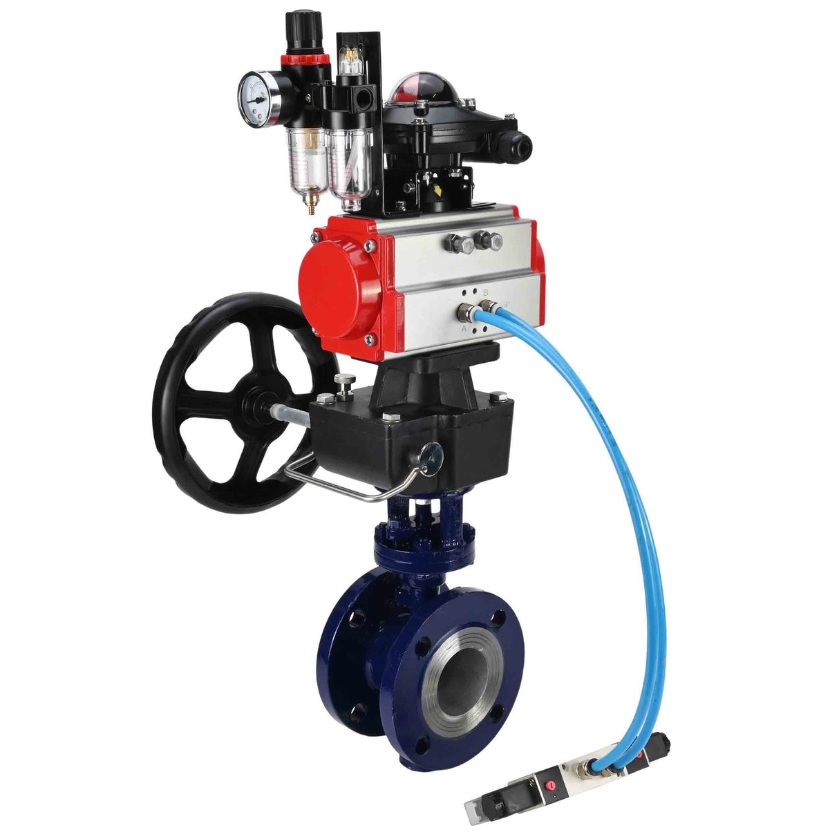 Wasser-Schmetterlingsventil Elephant WBV3EX-3432M-1W-F-ISO, Gehäusematerial - Kohlenstoffstahl, Scheibenmaterial - Edelstahl AISI 316, Dichtung - Metall, pneumatischer Antrieb PA-DA Doppelwirkung, 4V320-10 220V, LSU APL-210N, Handrad MON, ATU AFC2000