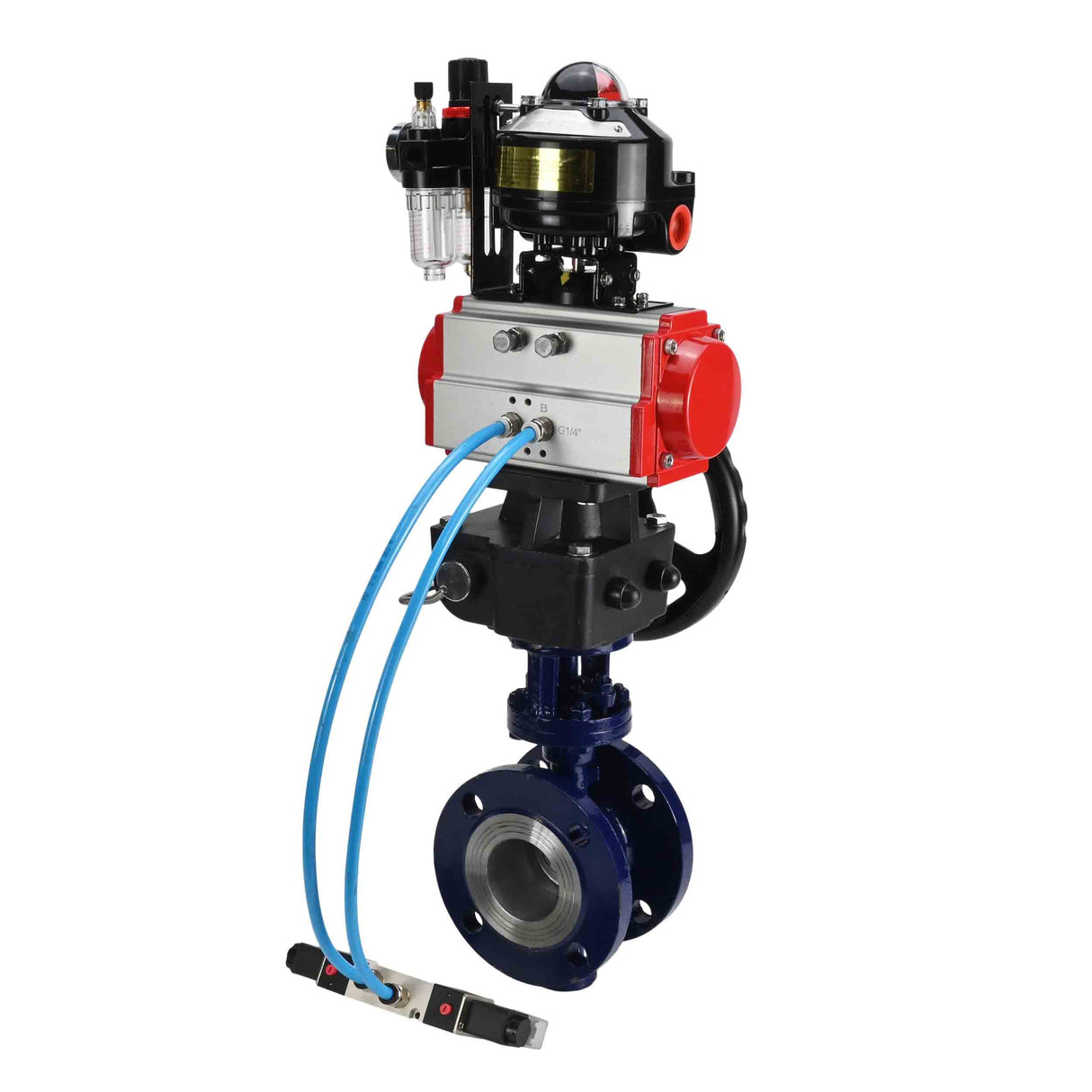Wasser-Schmetterlingsventil Elephant WBV3EX-3432M-1W-F-ISO, Gehäusematerial - Kohlenstoffstahl, Scheibenmaterial - Edelstahl AISI 316, Dichtung - Metall, pneumatischer Antrieb PA-DA Doppelwirkung, 4V320-10 220V, LSU APL-510N EX, Handrad MON, ATU AFC2000