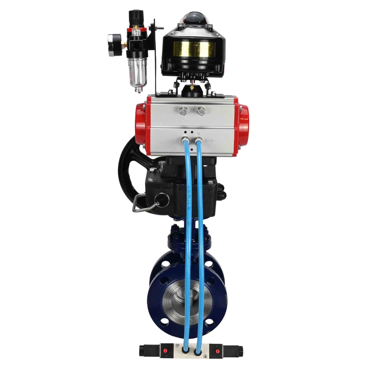 Wasser-Schmetterlingsventil Elephant WBV3EX-3432M-1W-F-ISO, Gehäusematerial - Kohlenstoffstahl, Scheibenmaterial - Edelstahl AISI 316, Dichtung - Metall, pneumatischer Antrieb PA-DA Doppelwirkung, 4V320-10 220V, LSU APL-510N EX, Handrad MON, ATU AFC2000