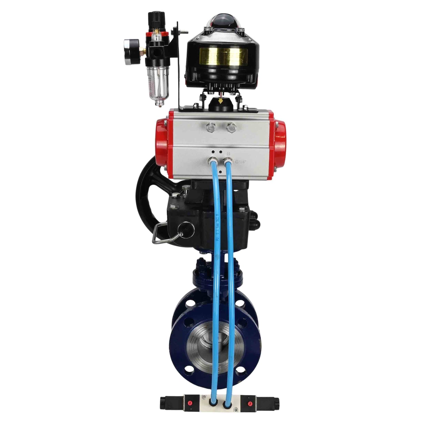 Wasser-Schmetterlingsventil Elephant WBV3EX-3432M-1W-F-ISO, Gehäusematerial - Kohlenstoffstahl, Scheibenmaterial - Edelstahl AISI 316, Dichtung - Metall, pneumatischer Antrieb PA-DA Doppelwirkung, 4V320-08 220V, LSU APL-510N EX, Handrad MON, ATU AFC2000