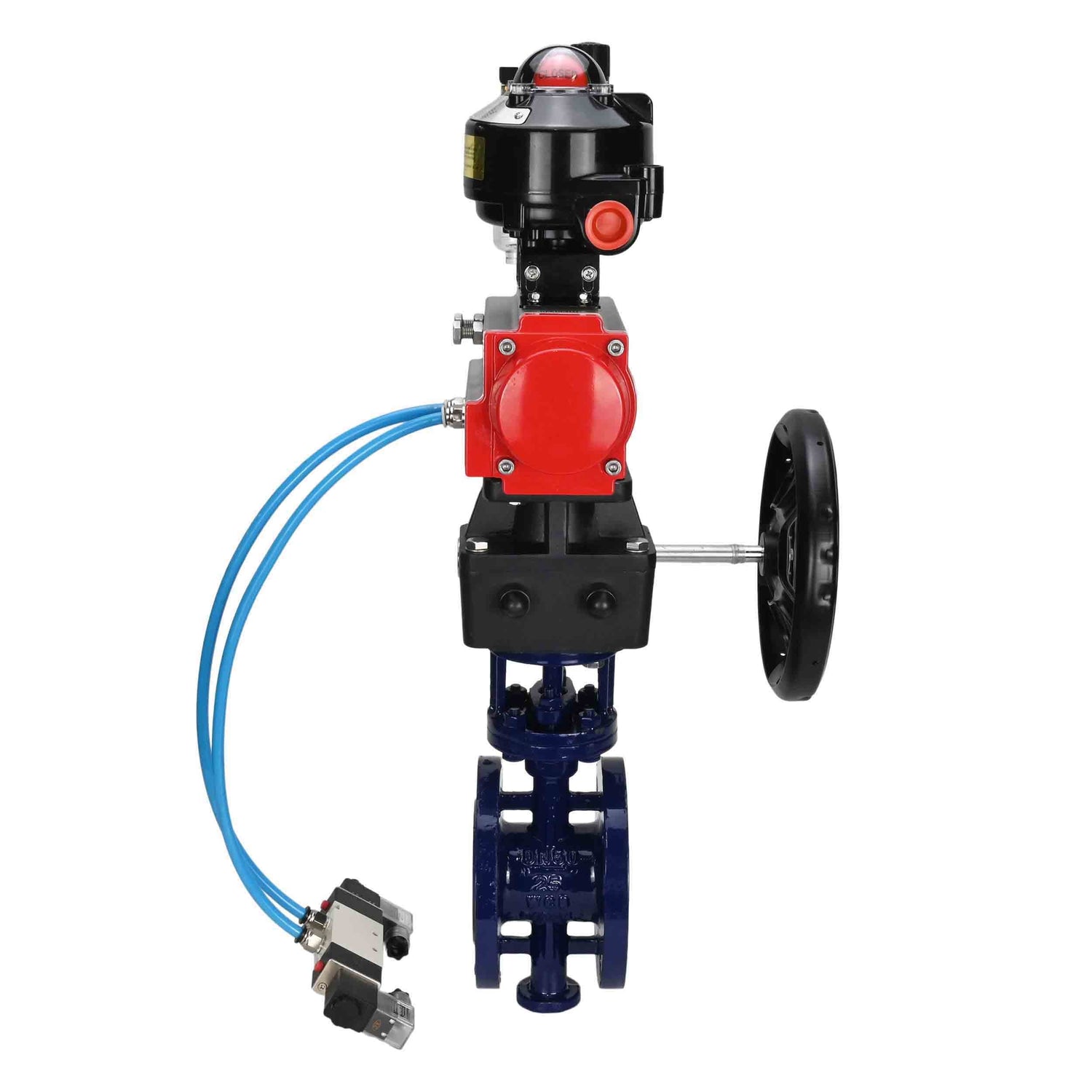 Wasser-Schmetterlingsventil Elephant WBV3EX-3432M-1W-F-ISO, Gehäusematerial - Kohlenstoffstahl, Scheibenmaterial - Edelstahl AISI 316, Dichtung - Metall, pneumatischer Antrieb PA-DA Doppelwirkung, 4V320-10 220V, LSU APL-510N EX, Handrad MON, ATU AFC2000