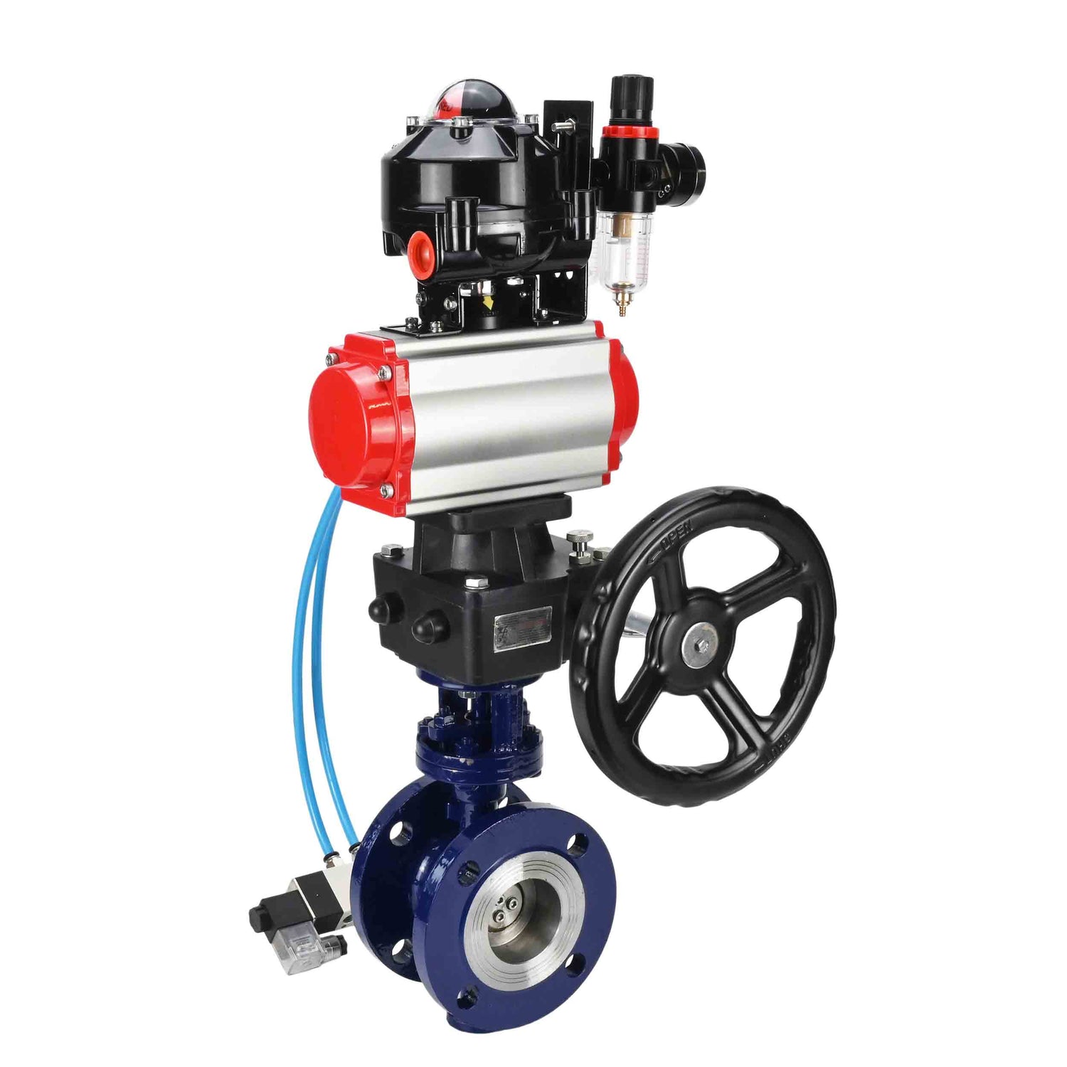 Wasser-Schmetterlingsventil Elephant WBV3EX-3432M-1W-F-ISO, Gehäusematerial - Kohlenstoffstahl, Scheibenmaterial - Edelstahl AISI 316, Dichtung - Metall, pneumatischer Antrieb PA-DA Doppelwirkung, 4V320-10 220V, LSU APL-510N EX, Handrad MON, ATU AFC2000