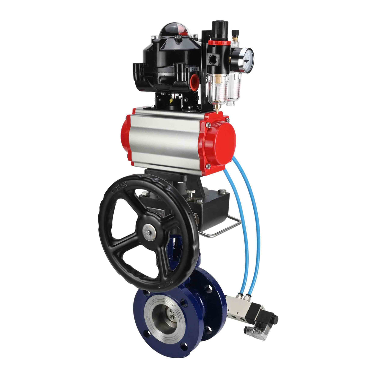Wasser-Schmetterlingsventil Elephant WBV3EX-3432M-1W-F-ISO, Gehäusematerial - Kohlenstoffstahl, Scheibenmaterial - Edelstahl AISI 316, Dichtung - Metall, pneumatischer Antrieb PA-DA Doppelwirkung, 4V320-08 220V, LSU APL-510N EX, Handrad MON, ATU AFC2000