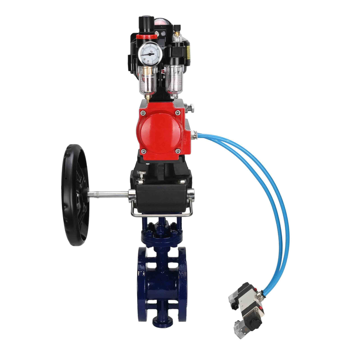 Wasser-Schmetterlingsventil Elephant WBV3EX-3432M-1W-F-ISO, Gehäusematerial - Kohlenstoffstahl, Scheibenmaterial - Edelstahl AISI 316, Dichtung - Metall, pneumatischer Antrieb PA-DA Doppelwirkung, 4V320-10 220V, LSU APL-510N EX, Handrad MON, ATU AFC2000
