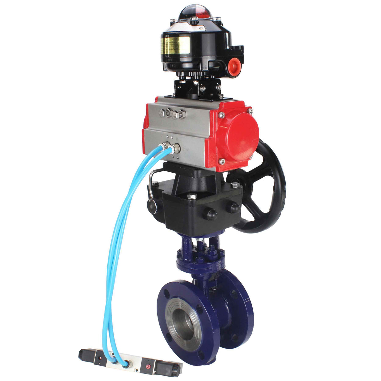 Wasser-Schmetterlingsventil Elephant WBV3EX-3432M-1W-F-ISO, Gehäusematerial - Kohlenstoffstahl, Scheibenmaterial - Edelstahl AISI 316, Dichtung - Metall, pneumatischer Antrieb PA-DA Doppelwirkung, 4V320-08 220V, LSU APL-510N EX, Handrad MON