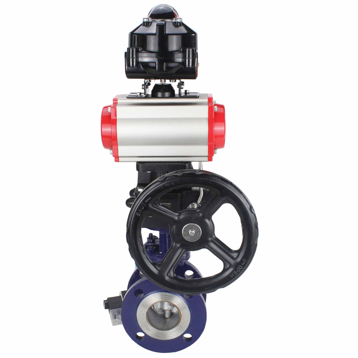 Wasser-Schmetterlingsventil Elephant WBV3EX-3432M-1W-F-ISO, Gehäusematerial - Kohlenstoffstahl, Scheibenmaterial - Edelstahl AISI 316, Dichtung - Metall, pneumatischer Antrieb PA-DA Doppelwirkung, 4V320-10 220V, LSU APL-510N EX, Handrad MON