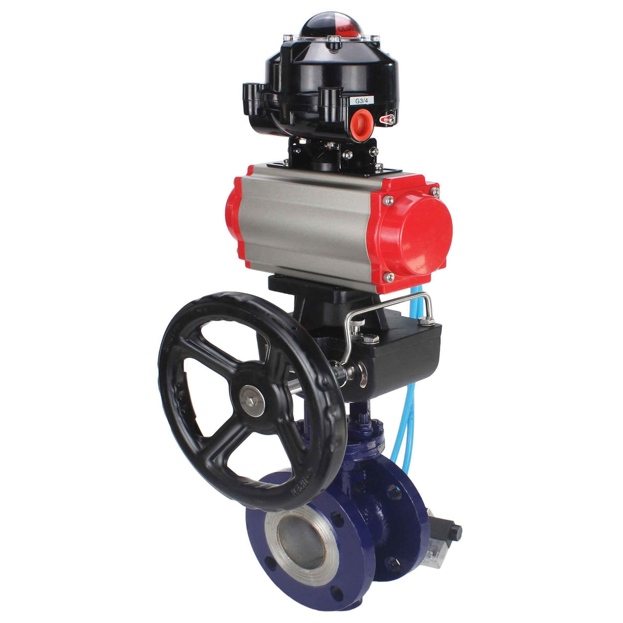 Wasser-Schmetterlingsventil Elephant WBV3EX-3432M-1W-F-ISO, Gehäusematerial - Kohlenstoffstahl, Scheibenmaterial - Edelstahl AISI 316, Dichtung - Metall, pneumatischer Antrieb PA-DA Doppelwirkung, 4V320-10 220V, LSU APL-510N EX, Handrad MON