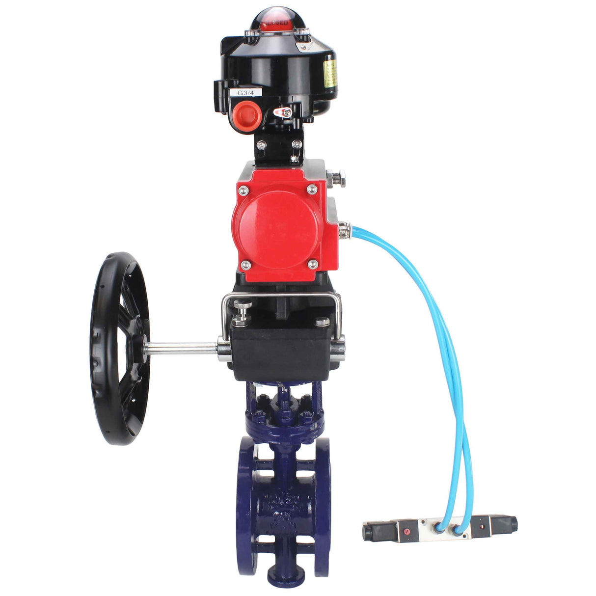Wasser-Schmetterlingsventil Elephant WBV3EX-3432M-1W-F-ISO, Gehäusematerial - Kohlenstoffstahl, Scheibenmaterial - Edelstahl AISI 316, Dichtung - Metall, pneumatischer Antrieb PA-DA Doppelwirkung, 4V320-08 220V, LSU APL-510N EX, Handrad MON