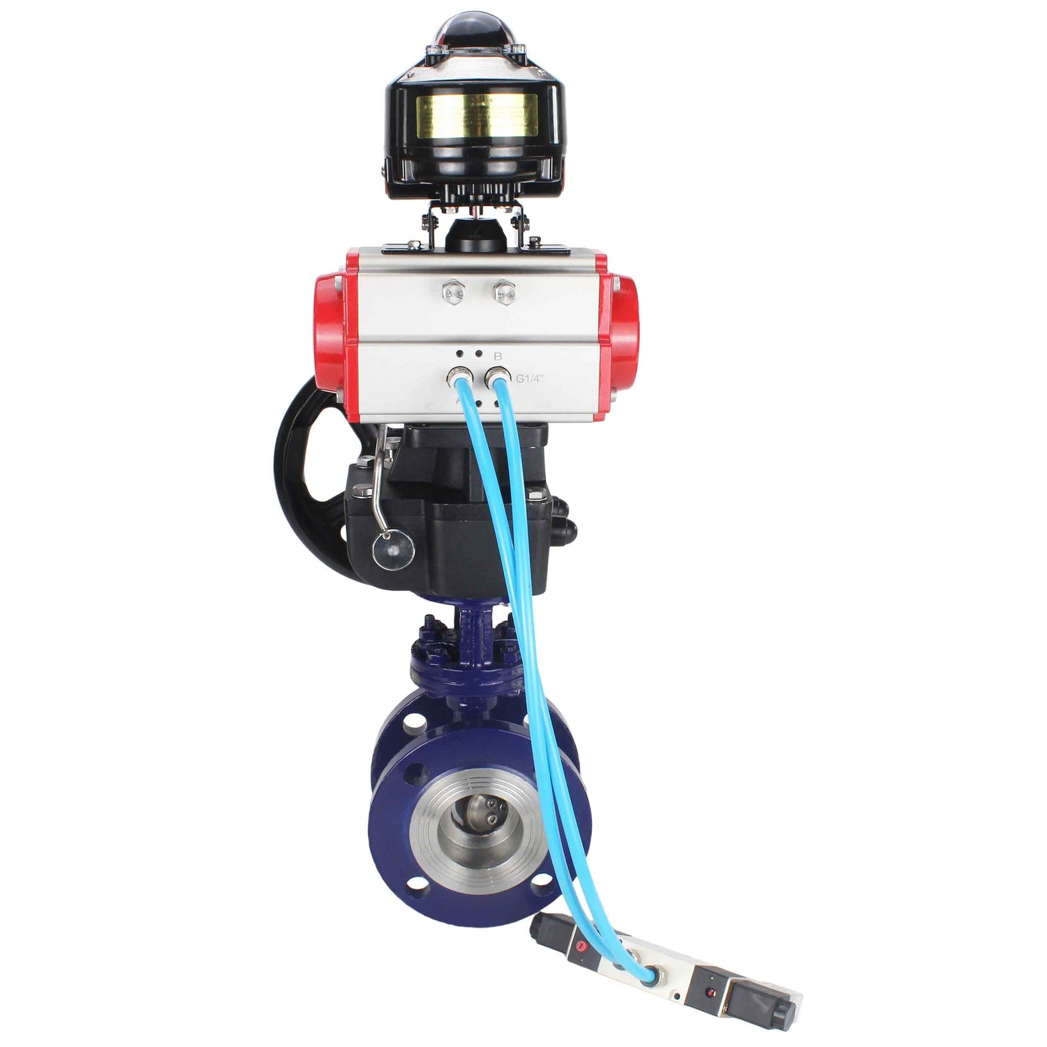 Wasser-Schmetterlingsventil Elephant WBV3EX-3432M-1W-F-ISO, Gehäusematerial - Kohlenstoffstahl, Scheibenmaterial - Edelstahl AISI 316, Dichtung - Metall, pneumatischer Antrieb PA-DA Doppelwirkung, 4V320-08 220V, LSU APL-510N EX, Handrad MON