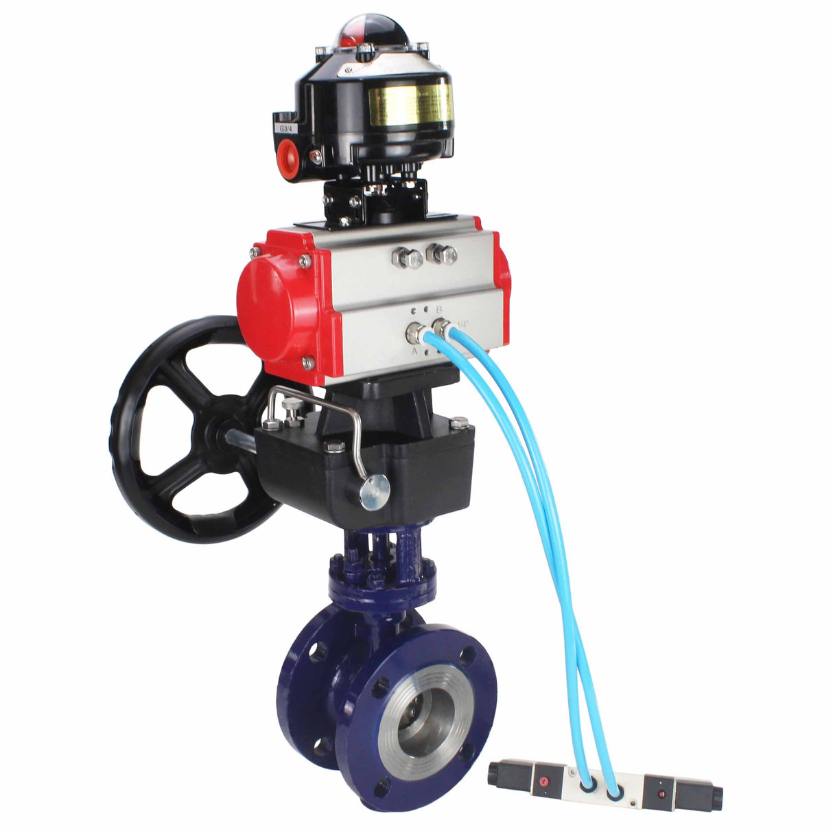 Wasser-Schmetterlingsventil Elephant WBV3EX-3432M-1W-F-ISO, Gehäusematerial - Kohlenstoffstahl, Scheibenmaterial - Edelstahl AISI 316, Dichtung - Metall, pneumatischer Antrieb PA-DA Doppelwirkung, 4V320-08 220V, LSU APL-510N EX, Handrad MON