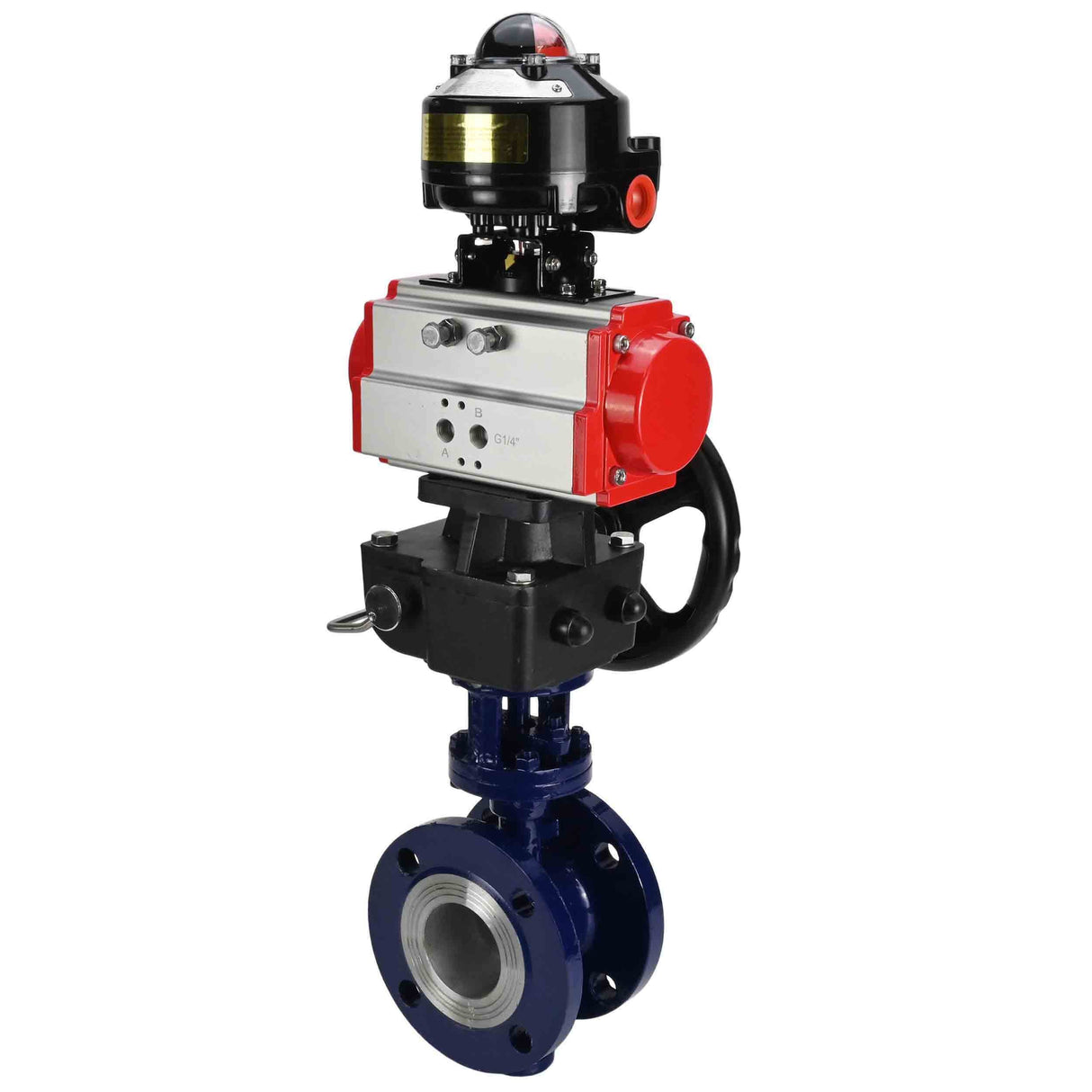 Wasser-Schmetterlingsventil Elephant WBV3EX-3432M-1W-F-ISO, Gehäusematerial - Kohlenstoffstahl, Scheibenmaterial - Edelstahl AISI 316, Dichtung - Metall, pneumatischer Antrieb PA-DA Doppelwirkung, LSU APL-510N EX, Handrad MON