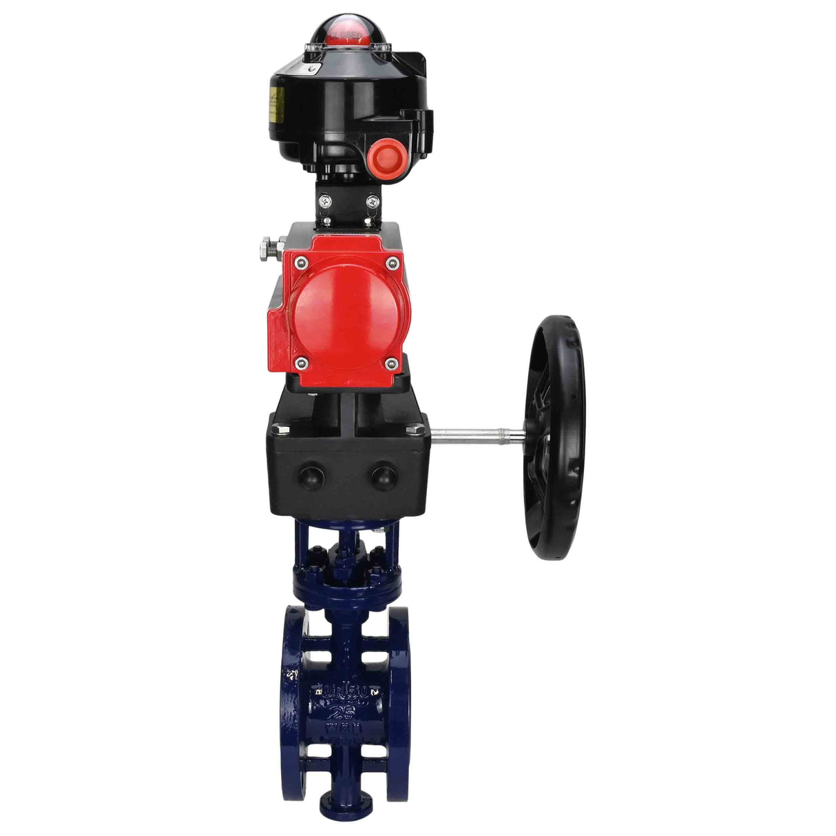 Wasser-Schmetterlingsventil Elephant WBV3EX-3432M-1W-F-ISO, Gehäusematerial - Kohlenstoffstahl, Scheibenmaterial - Edelstahl AISI 316, Dichtung - Metall, pneumatischer Antrieb PA-DA Doppelwirkung, LSU APL-510N EX, Handrad MON