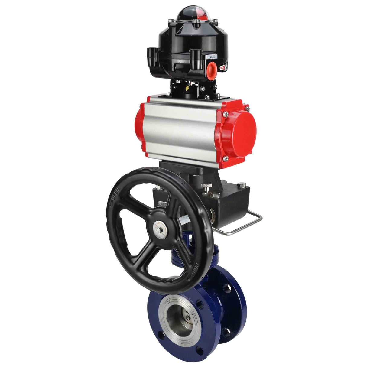 Wasser-Schmetterlingsventil Elephant WBV3EX-3432M-1W-F-ISO, Gehäusematerial - Kohlenstoffstahl, Scheibenmaterial - Edelstahl AISI 316, Dichtung - Metall, pneumatischer Antrieb PA-DA Doppelwirkung, LSU APL-510N EX, Handrad MON