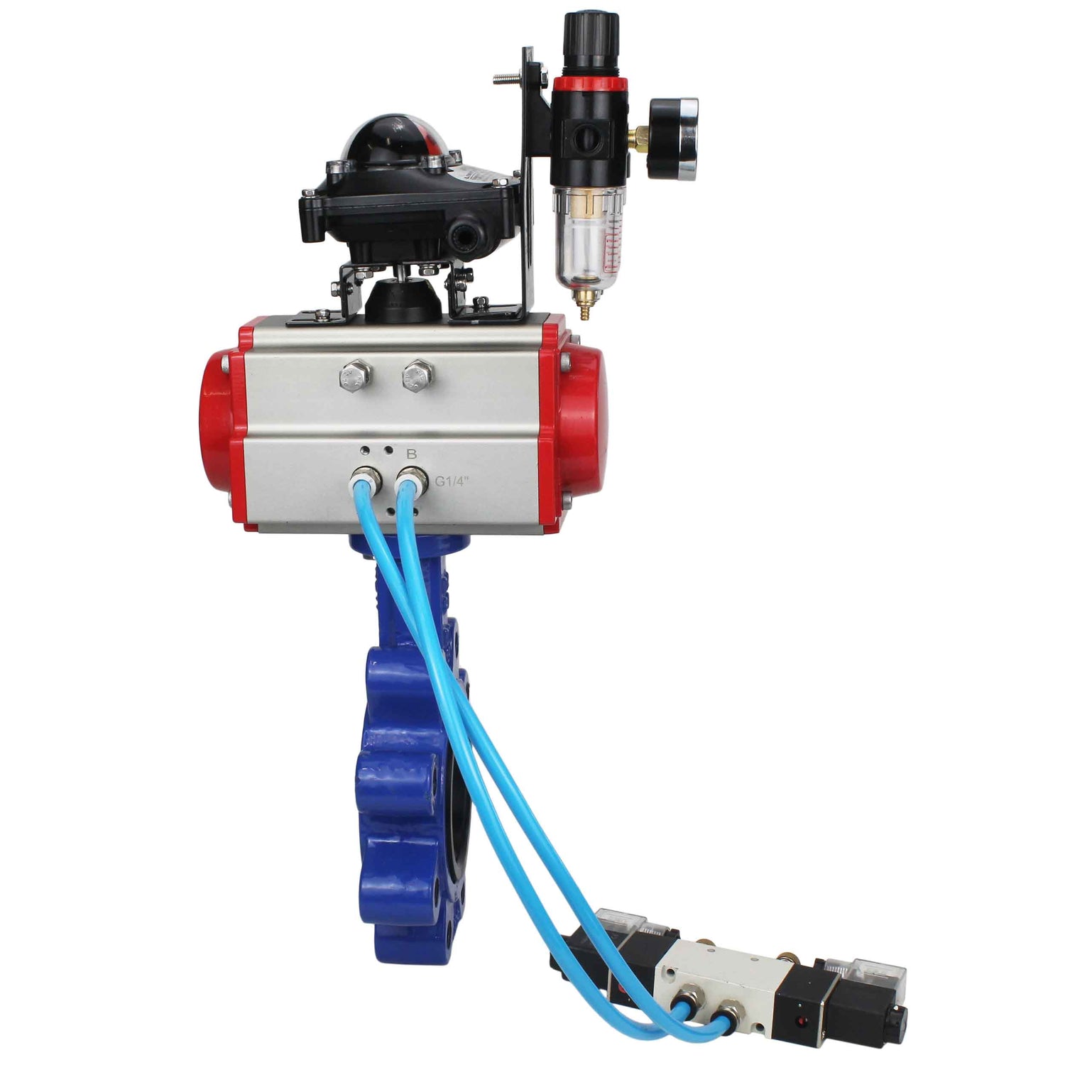 Wasser-Schmetterlingsventil Elephant WBV1616N-2W-Fb-H, Gehäusematerial - Gusseisen QT450, Scheibenmaterial - Gusseisen QT450, Dichtung - NBR, pneumatischer Antrieb PA-DA Doppelwirkung, 4V320-10 220V, LSU APL-210N, ATU AFC2000