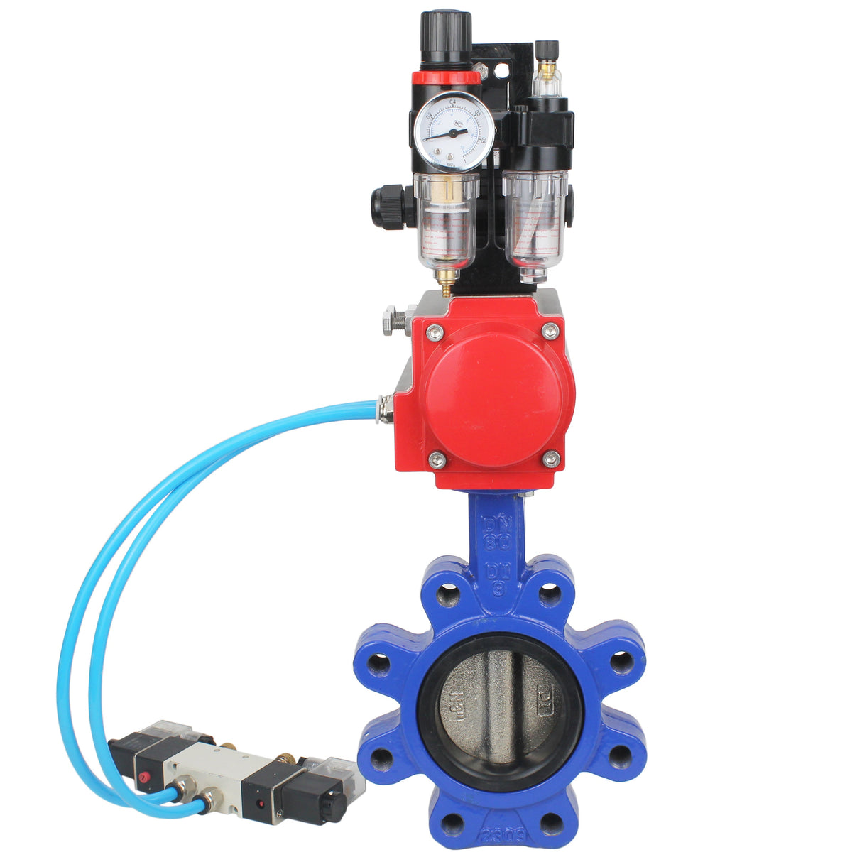 Wasser-Schmetterlingsventil Elephant WBV1616N-2W-Fb-H, Gehäusematerial - Gusseisen QT450, Scheibenmaterial - Gusseisen QT450, Dichtung - NBR, pneumatischer Antrieb PA-DA Doppelwirkung, 4V320-10 220V, LSU APL-210N, ATU AFC2000