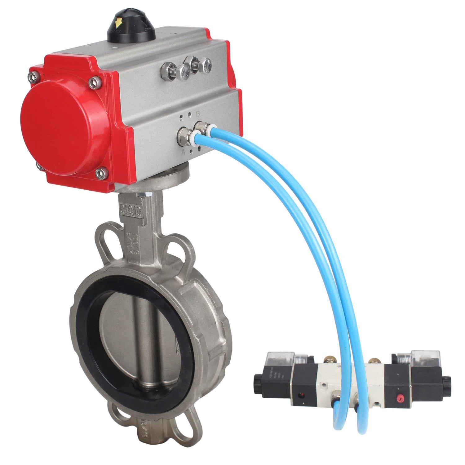 Water Butterfly Valve Elephant WBV3131N-2W-Fb-H, Gehäusematerial - Edelstahl AISI 304, Scheibenmaterial - Edelstahl AISI 304, Dichtung - NBR, pneumatischer Antrieb PA-DA Doppelwirkung, 4V320-08 220V