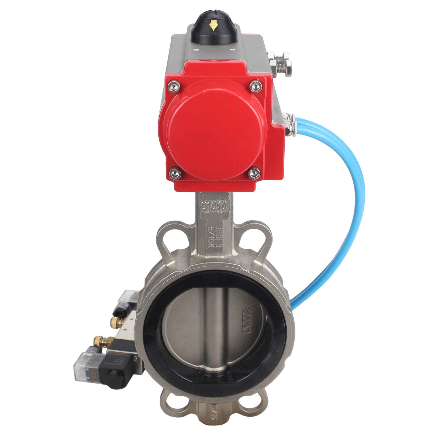 Water Butterfly Valve Elephant WBV3131N-2W-Fb-H, Gehäusematerial - Edelstahl AISI 304, Scheibenmaterial - Edelstahl AISI 304, Dichtung - NBR, pneumatischer Antrieb PA-DA Doppelwirkung, 4V320-08 220V