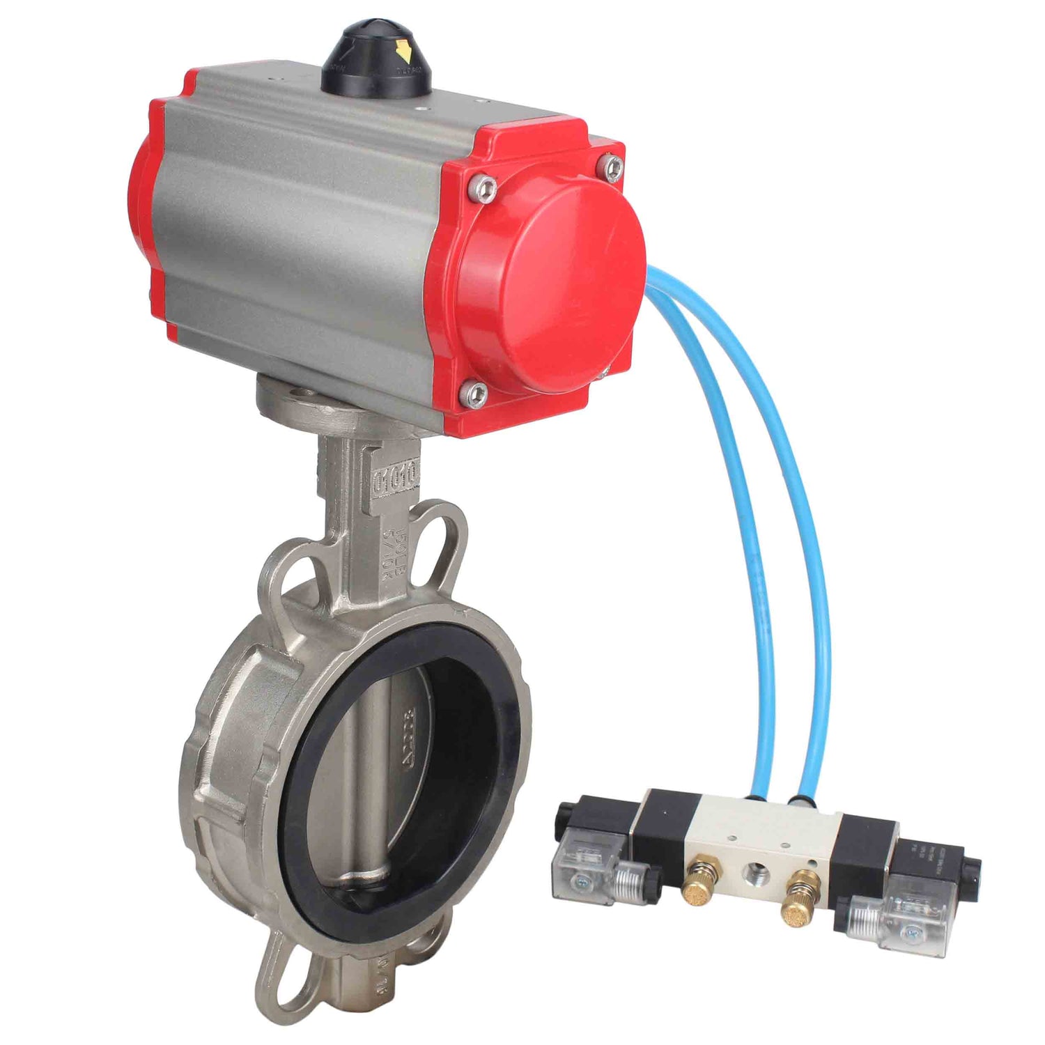 Water Butterfly Valve Elephant WBV3131N-2W-Fb-H, Gehäusematerial - Edelstahl AISI 304, Scheibenmaterial - Edelstahl AISI 304, Dichtung - NBR, pneumatischer Antrieb PA-DA Doppelwirkung, 4V320-08 220V