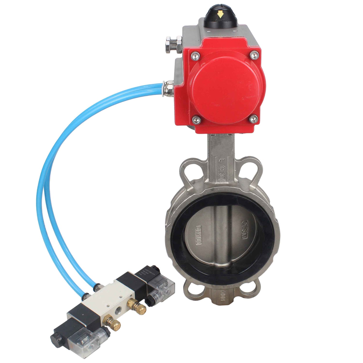 Water Butterfly Valve Elephant WBV3131N-2W-Fb-H, Gehäusematerial - Edelstahl AISI 304, Scheibenmaterial - Edelstahl AISI 304, Dichtung - NBR, pneumatischer Antrieb PA-DA Doppelwirkung, 4V320-08 220V