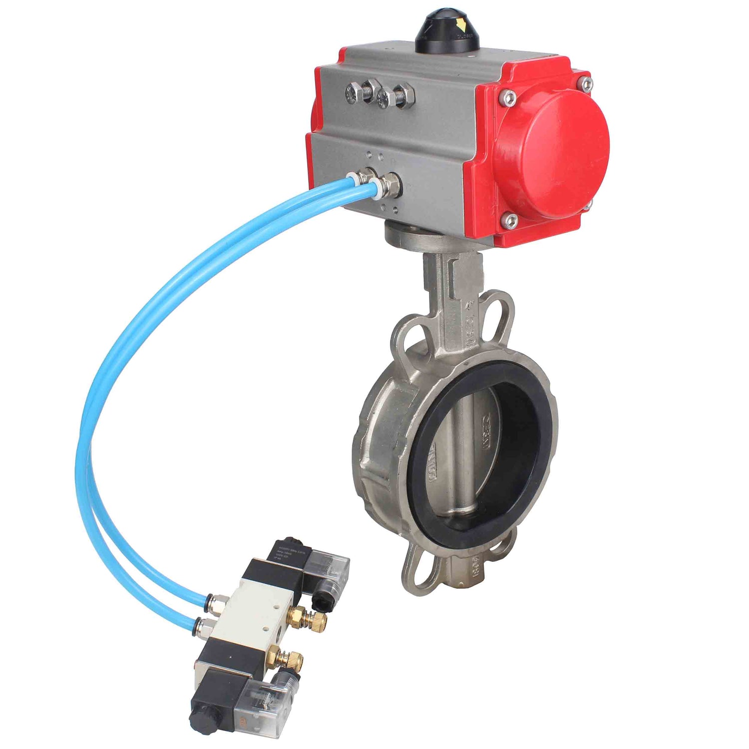 Water Butterfly Valve Elephant WBV3131N-2W-Fb-H, Gehäusematerial - Edelstahl AISI 304, Scheibenmaterial - Edelstahl AISI 304, Dichtung - NBR, pneumatischer Antrieb PA-DA Doppelwirkung, 4V320-08 220V
