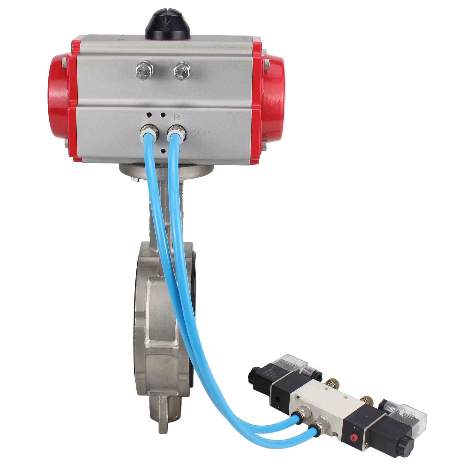 Water Butterfly Valve Elephant WBV3131N-2W-Fb-H, Gehäusematerial - Edelstahl AISI 304, Scheibenmaterial - Edelstahl AISI 304, Dichtung - NBR, pneumatischer Antrieb PA-DA Doppelwirkung, 4V320-08 220V