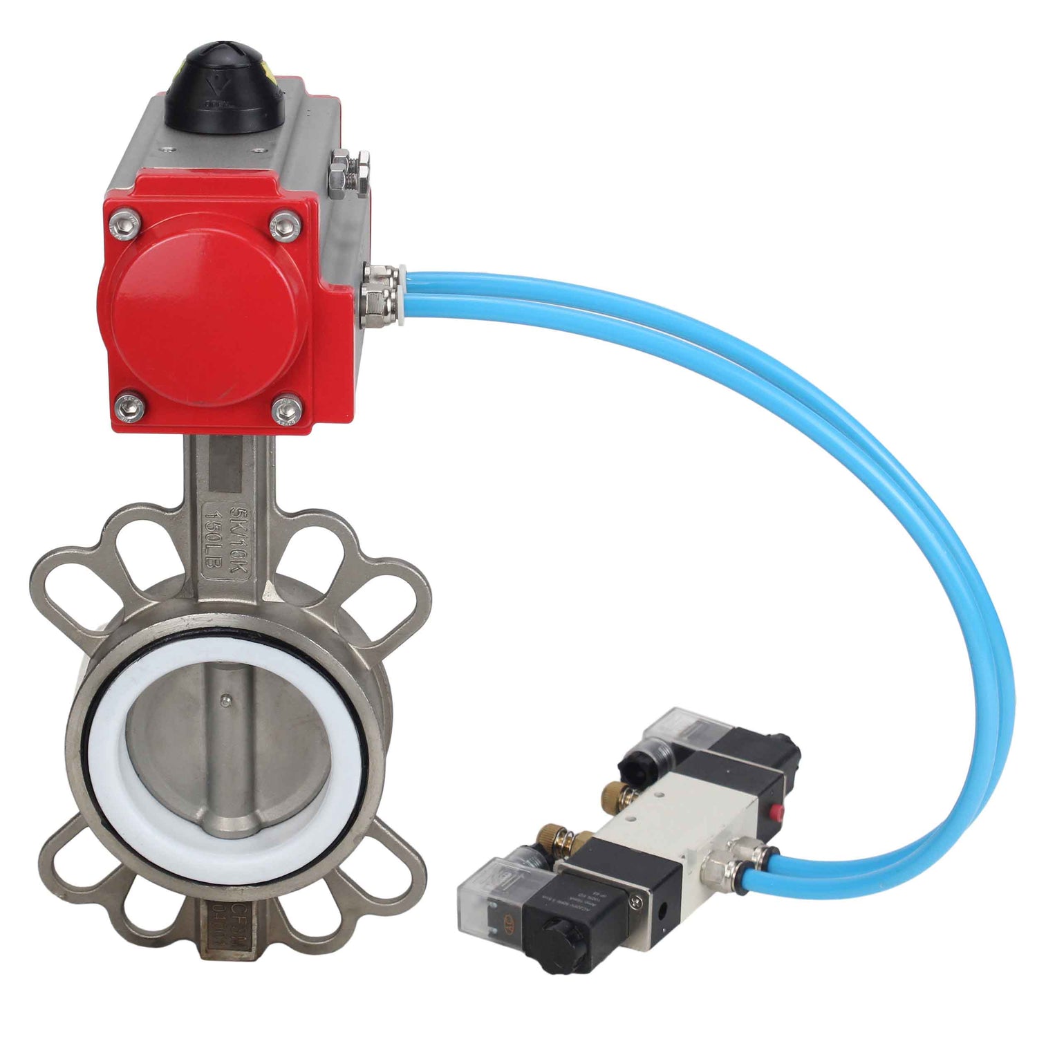 Water Butterfly Valve Elephant WBV3131P-2W-Fb-H, Gehäusematerial - Edelstahl AISI 304, Scheibenmaterial - Edelstahl AISI 304, Dichtung - PTFE, pneumatischer Antrieb PA-DA Doppelwirkung, 4V320-08 220V