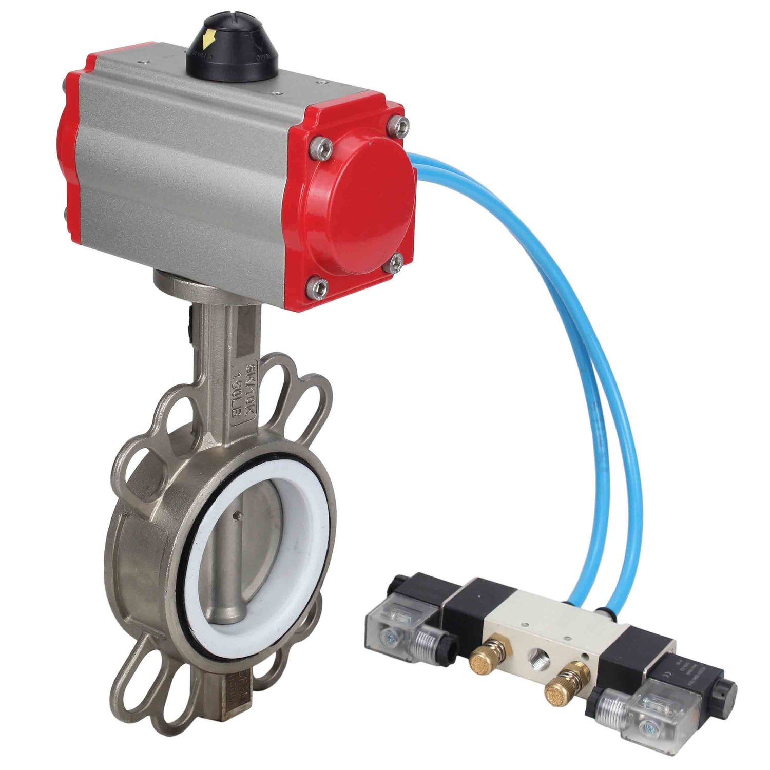 Water Butterfly Valve Elephant WBV3131P-2W-Fb-H, Gehäusematerial - Edelstahl AISI 304, Scheibenmaterial - Edelstahl AISI 304, Dichtung - PTFE, pneumatischer Antrieb PA-SA mit Rückstellfedern, 4V320-08 220V