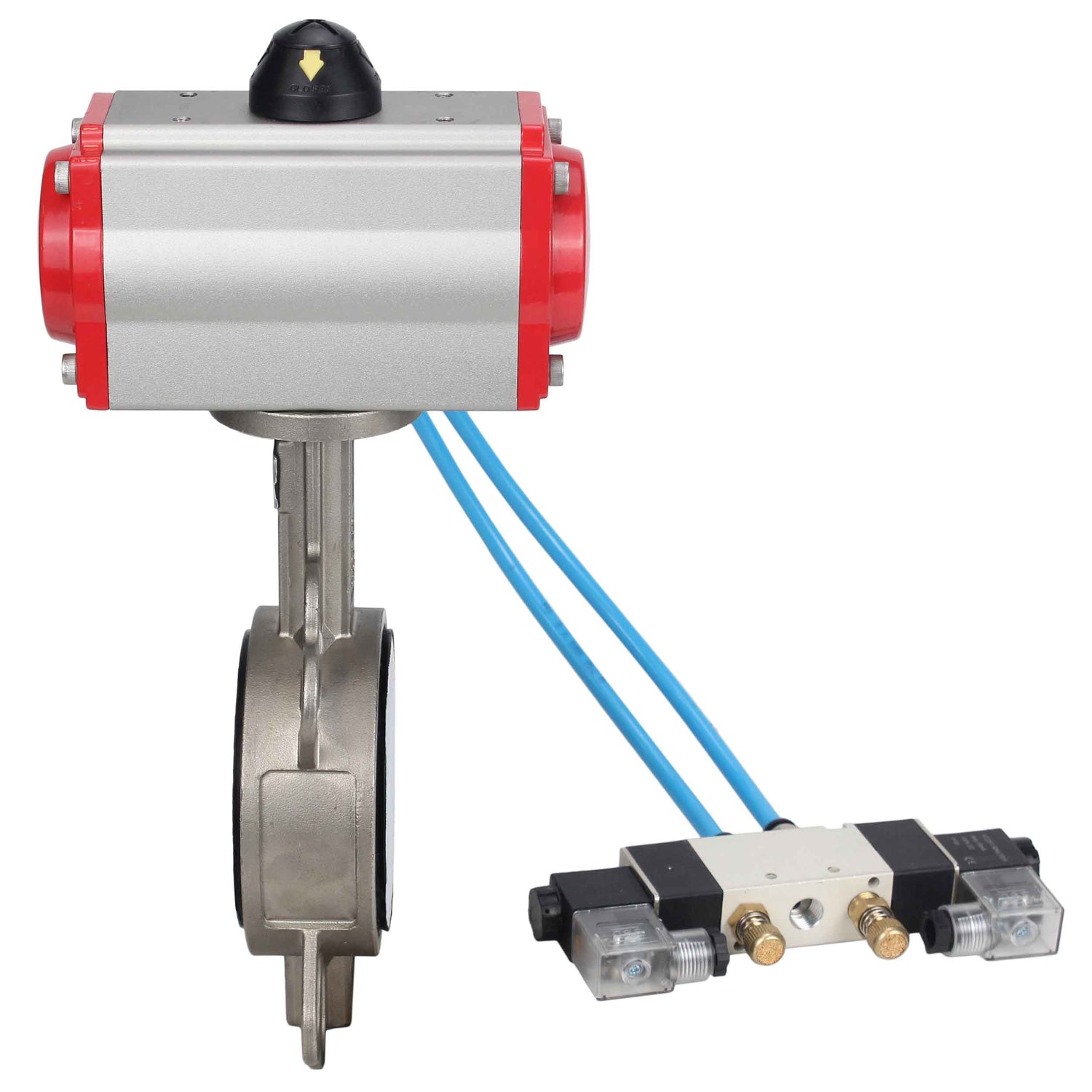 Water Butterfly Valve Elephant WBV3131P-2W-Fb-H, Gehäusematerial - Edelstahl AISI 304, Scheibenmaterial - Edelstahl AISI 304, Dichtung - PTFE, pneumatischer Antrieb PA-SA mit Rückstellfedern, 4V320-08 220V