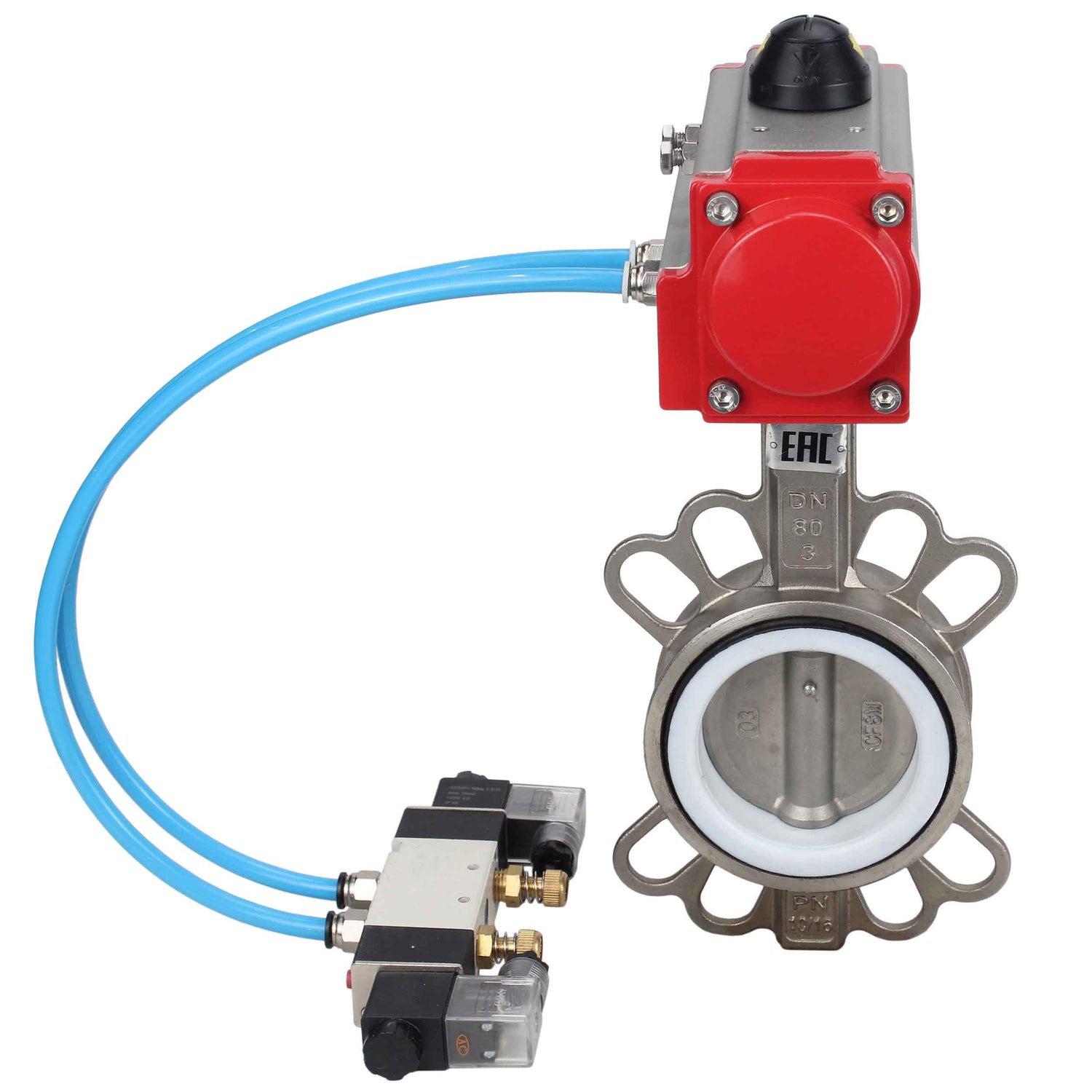 Water Butterfly Valve Elephant WBV3131P-2W-Fb-H, Gehäusematerial - Edelstahl AISI 304, Scheibenmaterial - Edelstahl AISI 304, Dichtung - PTFE, pneumatischer Antrieb PA-DA Doppelwirkung, 4V320-08 220V