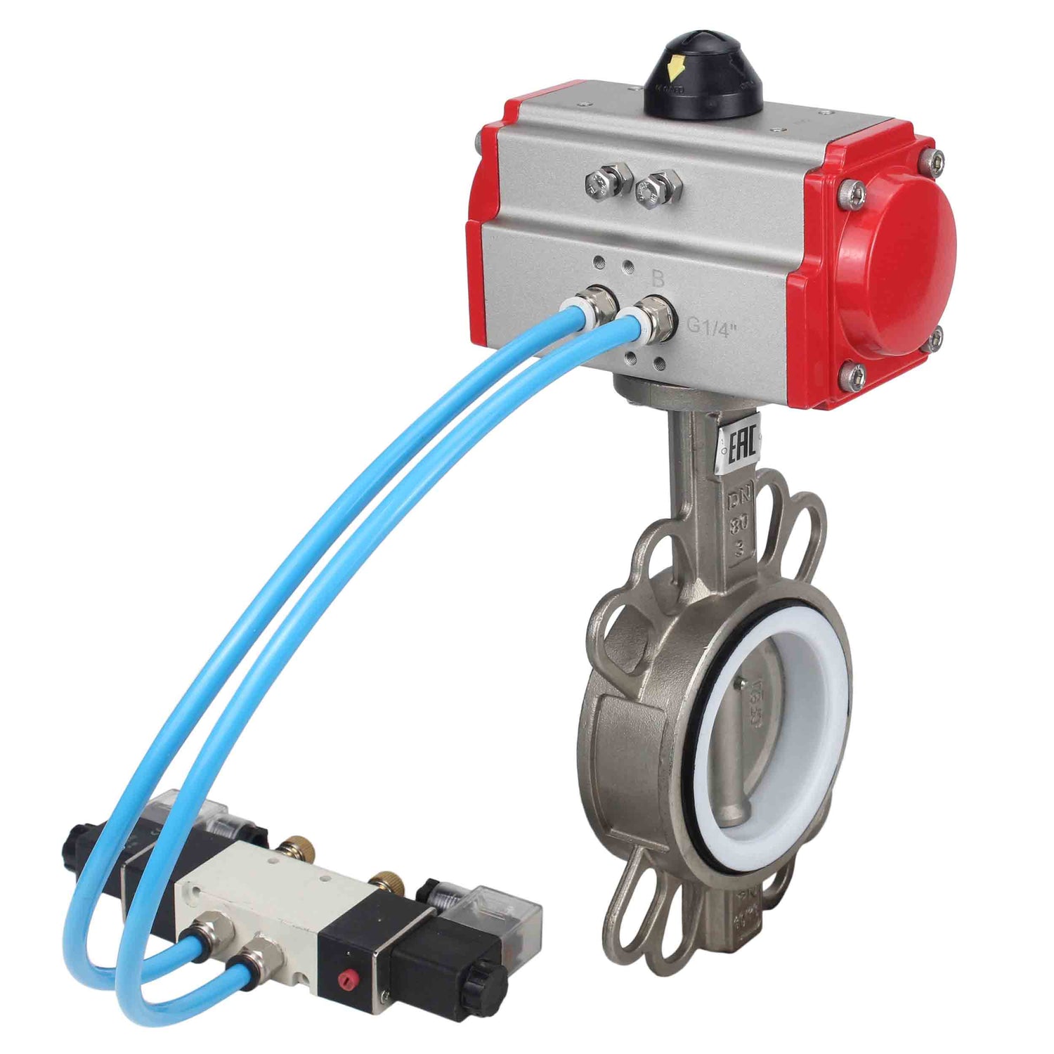 Water Butterfly Valve Elephant WBV3131P-2W-Fb-H, Gehäusematerial - Edelstahl AISI 304, Scheibenmaterial - Edelstahl AISI 304, Dichtung - PTFE, pneumatischer Antrieb PA-DA Doppelwirkung, 4V320-08 220V