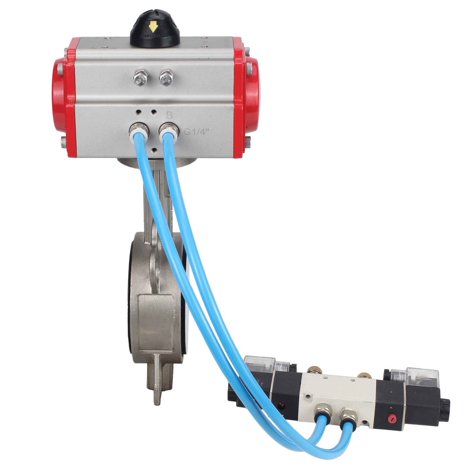 Wasser-Schmetterlingsventil Elephant WBV3131P-2W-Fb-H, Gehäusematerial - Edelstahl AISI 304, Scheibenmaterial - Edelstahl AISI 304, Dichtung - PTFE, pneumatischer Antrieb PA-DA Doppelwirkung, 4V320-10 220V